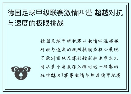 德国足球甲级联赛激情四溢 超越对抗与速度的极限挑战